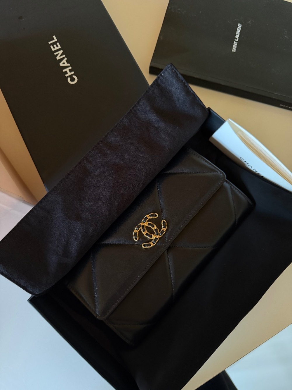 CHANEL 19 Long Flap Wallet Black Quilted Leather Gold Hardware NEW